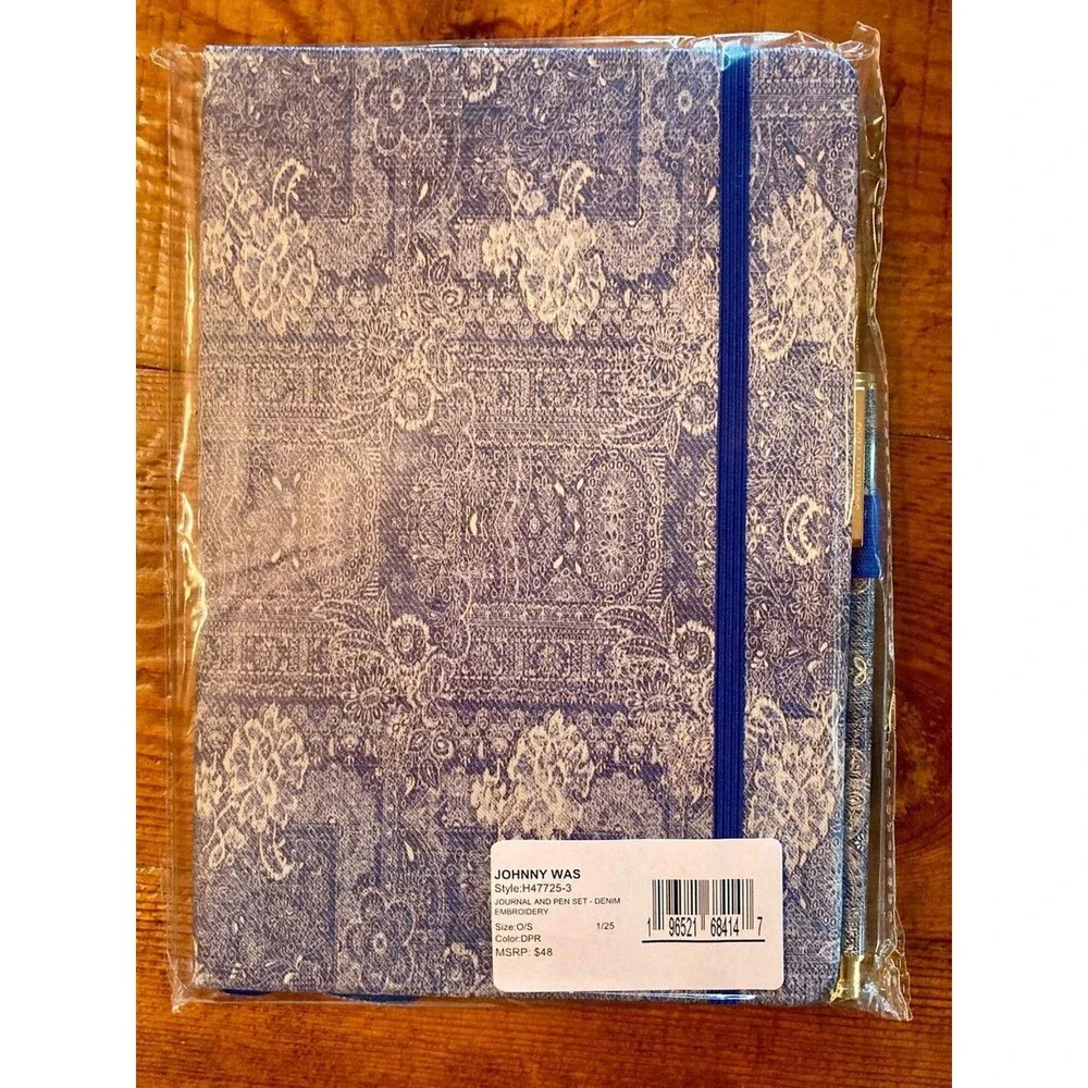 NEW Johnny Was Denim Embroidery Journal and Pen Set Silk Blend Blue 8.5